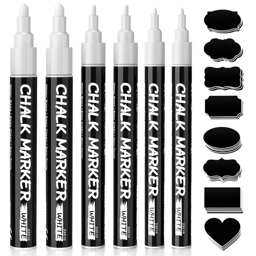 SAKEYR White Chalk Markers -Liquid Chalk Markers Chalk pens for Blackboard, Chalkboard Signs, Windows, Glass, 6 Pack White Wet Erase Markers Fine Tip-1/3/6mm