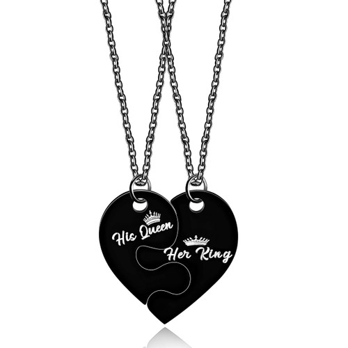 JunyiDIY His Queen and Her King Heart Necklaces Set for Couples, Black Stainless Steel Matching Puzzle Heart Pendant Necklaces of 2 for Boyfriend and Girlfriend Y3663 JunyiDIY His Queen and Her King Heart Necklaces Set for Couples, Black Stainless Steel Matching Puzzle Heart Pendant Necklaces of 2 for Boyfriend and Girlfriend Y3663