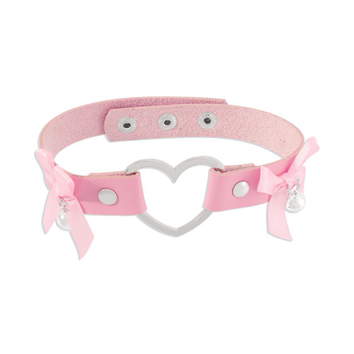 NIQIPOK Love Heart Adjustable Leather Choker Punk PU Necklace Goth Choker Collar Chain for Women Girls (Pink)