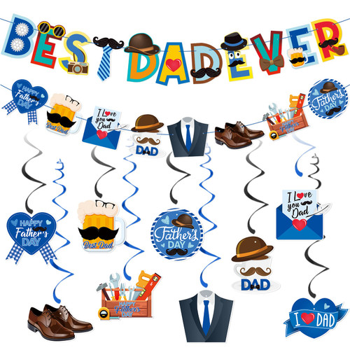 Fathers Day Party Decorations Hanging Swirls Set Happy Birthday Fathers Day Best Dad Ever Banner with Foil Ceiling Decorations for Fathers Day Birthday Party Decor Supplies
