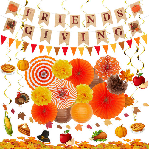 145 Pcs Fall Thanksgiving Party Decorations Set Includes Thanksgiving Swirls Hanging Paper Fans Autumn Paper Pompoms Artificial Maple Bunting Garlands for Autumn Harvest Thanksgiving Party Decoration