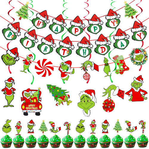 Red and Green Grinch Happy Birthday Banner and Ginch Hanging Swirls Ginch Cupcake Toppers, Grinch Birthday Banner Happy Birthday Grinch Banner for Grinch Christmas Birthday Party Decorations