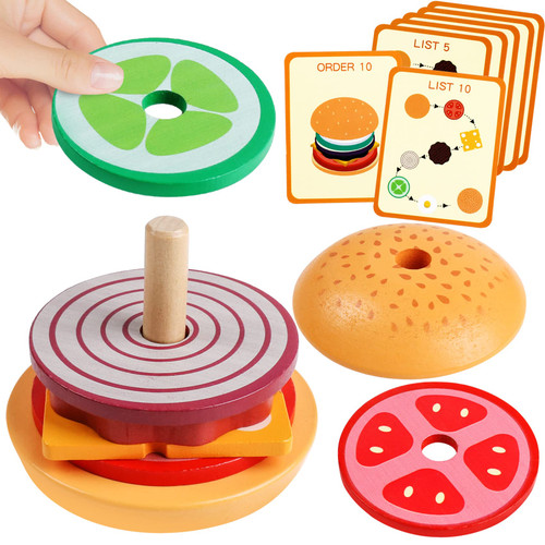 HOONEW Montessori Toys for 3 Year Old Wooden Burger Sorting Stacking Toys for Toddlers Preschool Educational Toys Fine Motor Toys for Kids Boys Girls (Burger)
