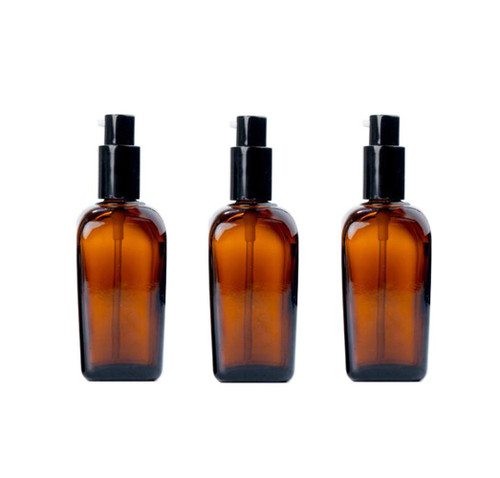 Erioctry 3PCS Empty Refillable Square Amber Glass Cream Lotion Pump Press Bottles Cosmetic Storage Container Vial Jars Holder Pot For Makeup Lotion Emulsion Essential Oil Dispenser 100ml/3.4oz