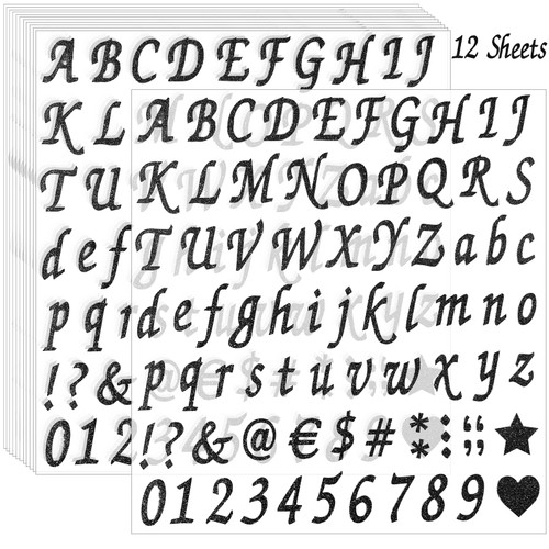 12 Sheets Glitter Letter Stickers,Self Adhesive Alphabet Number Stickers,letter and Number Stickers,Decals for Mailbox,DIY Crafts Art Making,Sign,Cars,Business,Address Number,Scrapbook, Grad Cap Decoration,Classroom Decor(Black)