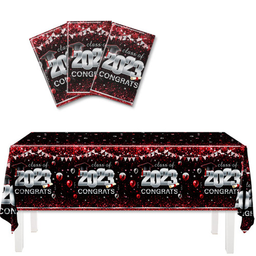HAKOTI Graduation Party Supplies - Class of 2023 Graduation Tablecloth Disposable Waterproof Tablecloth Congratulations 2023 Graduates Table Cover for 2023 Graduation Party Supplies (Black and Red)