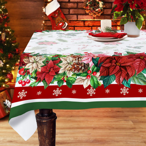 Christmas Tablecloth, Christmas Decorations Red Flowers Poinsettia Tablecloth Rectangle 60 x 84 Inch for Kitchen Dinning Table, Farmhouse Christmas Decor Snowflake Table Cloth for Holiday Party