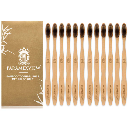 Paramexview Natural Bamboo Toothbrushes (Pack of 12 - Pack of 8) | BPA-Free Medium Bristles, Eco-Friendly | Biodegradable Handle, Charcoal Infused and Organic Base