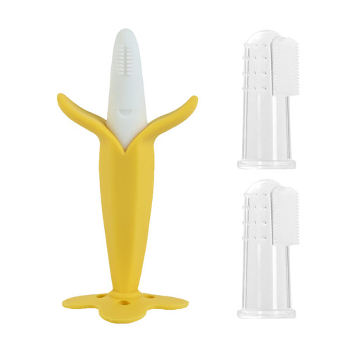 Banana Teether Finger Baby Toothbrush, Soothing Pain Relief Silicone Baby Teething Toy for Babies, Toddlers, Infants, BPA Free(1 Teether and 2 Finger Toothbrushes)