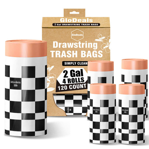 2 Gallon Trash Bags, GloDeals Small Trash Bag/Drawstring Garbage Bags, 120 Count Wastebasket Liners Durable Small Trash Bags for Bathroom, Kitchen, Bedroom, Office, Unscented, Individual Design