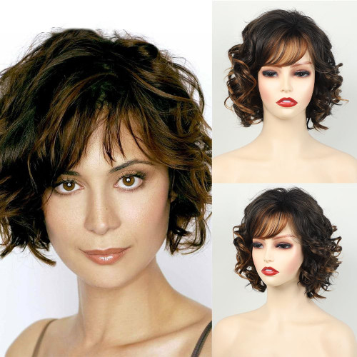 XIUFAXIRUSI XIUFAXIRUSI Short Brown Wavy Bob Wig with Bangs Blonde Highlight Curly Ombre Wigs for Women Natural Synthetic Short Hair Replacement Wig