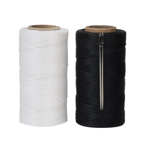 Tenn Well Waxed Thread for Leather Sewing, 2PCS x 284 Yards 150D 1mm Flat Wax Sail Thread Kit with Needles for Leather Projects, Book Binding (Black, White)