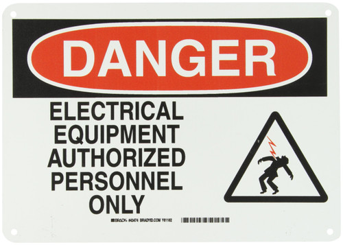 Brady 43474 0" Height, 14" Width, B-555 Aluminum, 1 Black And Red On White Color Electrical Hazard Sign, Legend "Danger, Electrical Equipment Authorized Personnel Only (With Picto)"