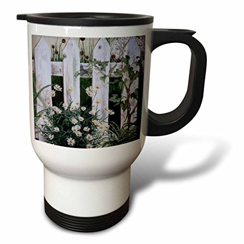 3dRose Weathered White Picket Garden Fence with Daisies and Vines Stainless Steel Travel Mug, 14-Oz