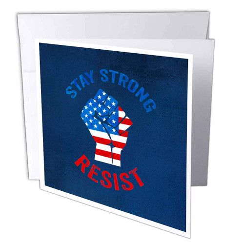3dRose Andrea Haase Patriotic Art - Stay Strong Resist Stars And Stripes Fist On Blue - 1 Greeting Card with envelope (gc_282618_5)