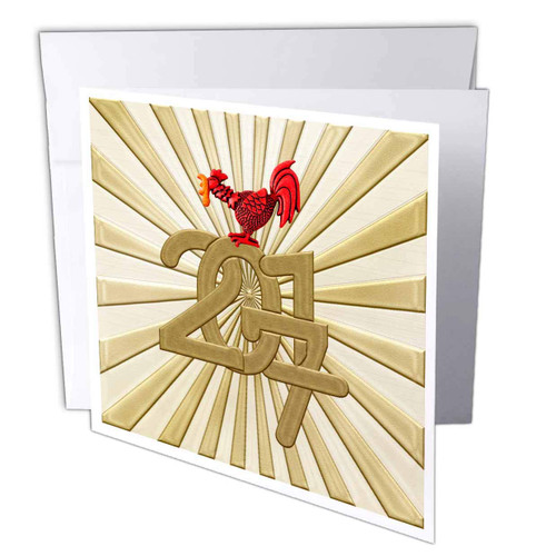 3dRose Beverly Turner Chinese New Year Design - Crowing Red Orange Rooster on 2017, Gold Rays Background - 1 Greeting Card with envelope (gc_244228_5)