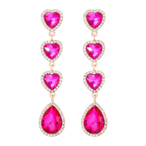Hot Pink Earrings Vintage Rhinestone Teardrop Dangle Earrings Long Dangling Drop Earrings Pink Earrings for Women Heart Earrings Fashion Heart shaped Earrings Crystal Earrings for Women (A)