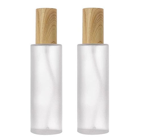 SYBL 2Pcs 120ml 4oz Empty Refillable Frosted Glass Cosmetic Cream Lotion Bottle Pump Bottles Container Vial Jar Pot With Wood Grain Lid For Emulsion Essence Liquid
