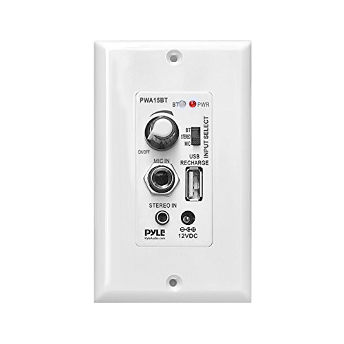 Pyle Bluetooth Receiver Wall Mount | In-Wall Audio Control Receiver with Built-in Amplifier | USB, Microphone, Aux (3.5mm) Input | Speaker Terminal Block | Connect 2 Speakers - 100 Watt (PWA15BT)
