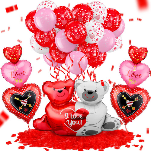 Valentine Love Bear Balloons Valentines Day Decorations Red Heart I Love You Balloons Foil Latex Balloons 1000 Red Rose Petals with Red Ribbon for Valentines Anniversary Wedding Special Night Decor