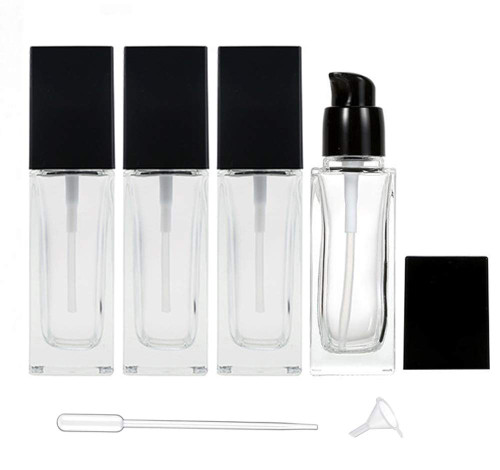 Wresty 4 Pack Liquid Foundation Bottle Square Clear Glass Lotion Pump Bottles Cosmetic Cream Dispenser Bottle Travel Essential Oils Emulsion Essence Container (40ml/1.4oz)