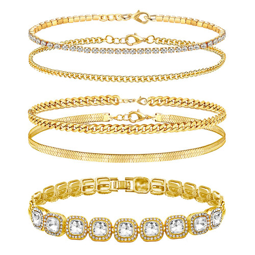 Yomlry Gold Anklet Bracelets for Women 14k Gold Plated Anklets Set Layered Heart Anklet Cuban Link Tennis Gold Anklets Sparkle Tennis Iced Square Cuban Ankle Jewelry Summer Beach Foot Ankle Bracelet for Women Girls A-Square Cuban