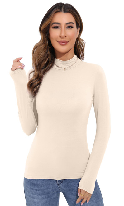 Women's Basic Long Sleeve Thermal Top Lightweight Mock Neck Shirts Slim Fit Layer Soft Top Beige Small