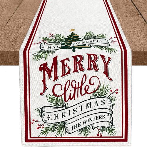 WHOMEAF Christmas Vintage Pine Branch Table Runner Winter Seasonal Red Berry Burlap Table Runners Watercolor Xmas Trees Kitchen Dining Decor for Table Center Home Party Holiday (13x72 in)