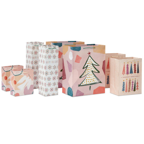 Hallmark Boho Christmas Gift Bag Assortment (8 Bags: 2 Small 6", 2 Medium 9", 2 Large 13", 2 Bottle Bags) in Pastel Pink, Purple, Hunter Green, White Dove, Snowflakes, Trees Hallmark Boho Christmas Gift Bag Assortment (8 Bags: 2 Small 6", 2 Medium 9", 2 Large 13", 2 Bottle Bags) in Pastel Pink, Purple, Hunter Green, White Dove, Snowflakes, Trees
