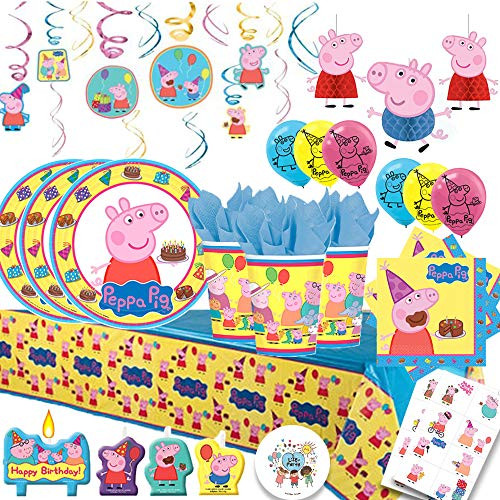 Peppa Pig MEGA Deluxe Party Pack with Decorations for 16 with Plates, Napkins, Cups, Tablecover, Candles, Swirls,Tattoos, Set of 3 Honeycomb Decorations, and 6 Balloons!