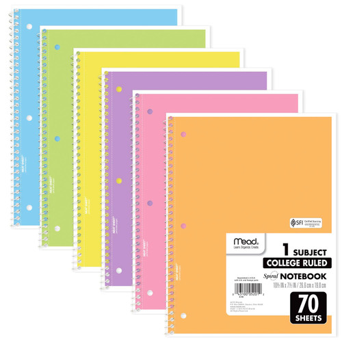 Mead Spiral Notebooks, 6 Pack, 1-Subject, College Ruled Paper