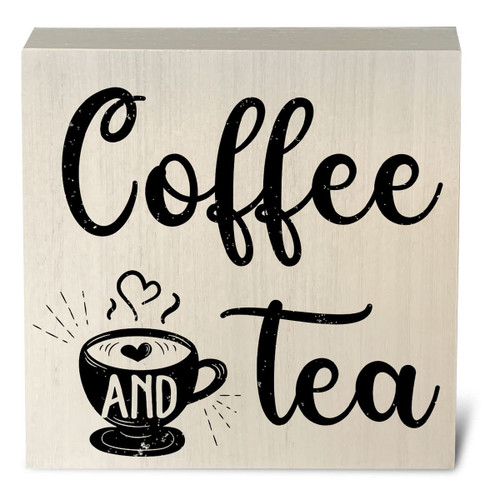 Country Coffee and Tea Artwork Wood Box Sign Rustic Farmhouse Style Coffee Tea Lovers Wood Block Plaque 5 X 5 Inches Home Kitchen Desk Sign Decor for Presents
