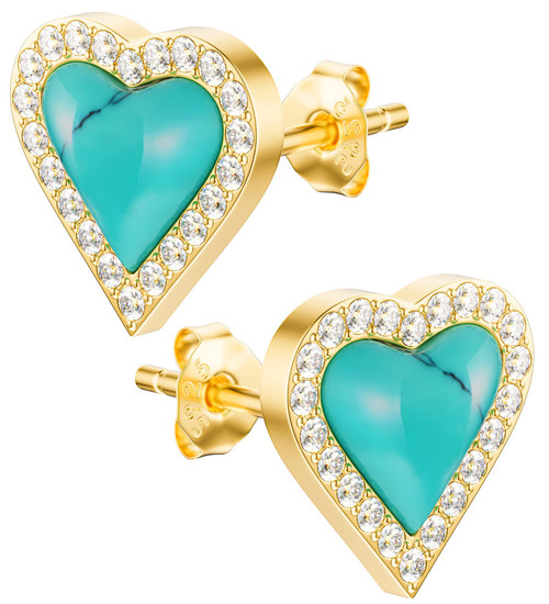 BTOYM Turquoise Stud Earrings 18K Gold Plated 925 Sterling Silver Round/Triangle/Square/Heart Stud Earrings with Cubic Zirconia Dainty Gemstone Earrings for Women Girls (Heart)