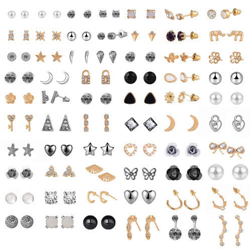 63 Pairs Dainty Stud Earrings Pack for Women Girls Hypoallergenic Multiple Earrings Set Cute Moon Lock Stars Faux Pearl Studs Jewelry Gift (SY134233777)