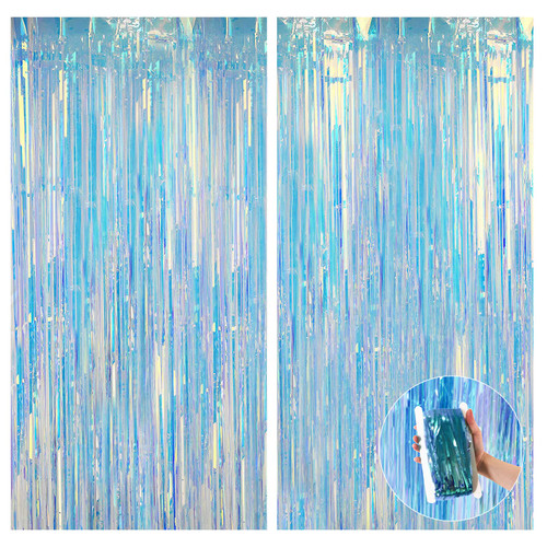 WishLotus Tinsel Foil Curtain, 2 Pack Tinsel Foil Fringe Curtain Wire Foil Fringe Curtains PET 1x2M Background Fringe Curtains for Wedding Birthday Party Decorations (Blue)