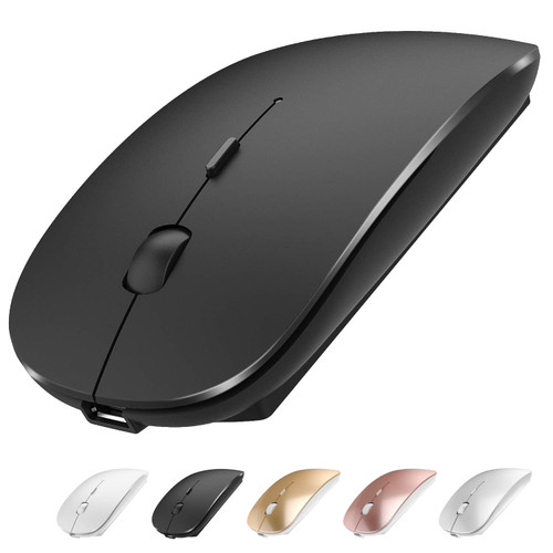 QIJIAYI Wireless Mouse, Slim Rechargeable Wireless Silent Mouse, 2.4G Portable USB Wireless Computer Mice with USB Receiver and Type C Adapter for Laptop/PC/Mac/iPad pro/Computer (Black)