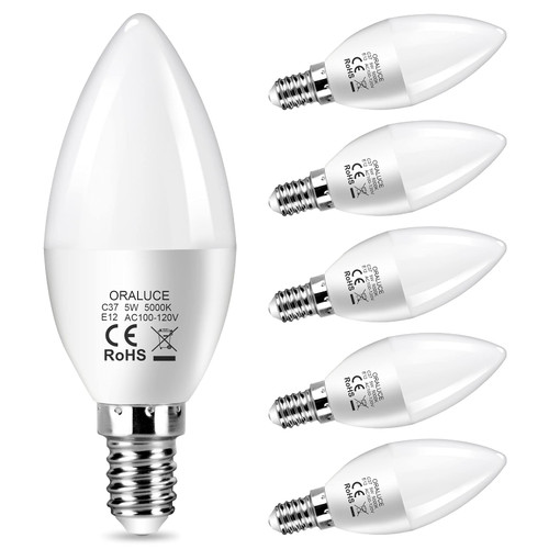ORALUCE E12 LED Candelabra Light Bulbs - 40 Watt Equivalent, 5000K Daylight White Chandelier Non-dimmable, Type B Light Bulb for Ceiling Fan, 5W 450LM 6 Pack