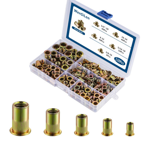 Wensilon Rivet Nut kit 1/4"-20UNC 8-32UNC 10-24UNC 3/8"-16UNC 5/16"-18UNC 138Pcs Yellow Zinc Plated Finish Flat Head Rivnut Threaded Insert Nut Knurled Body