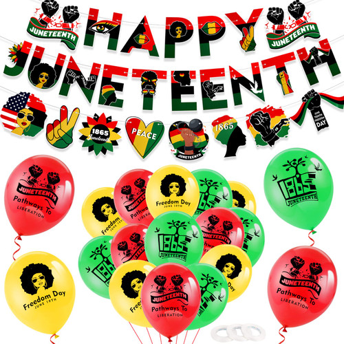 HOWAF Happy Juneteenth Day Party Decoration Set- 1 Happy Juneteenth Backdrop Banner 1 Black Americans Independence Themed Banner 18 Freedom Day Balloons Black History Party Supplies HOWAF Happy Juneteenth Day Party Decoration Set- 1 Happy Juneteenth Backdrop Banner 1 Black Americans Independence Themed Banner 18 Freedom Day Balloons Black History Party Supplies