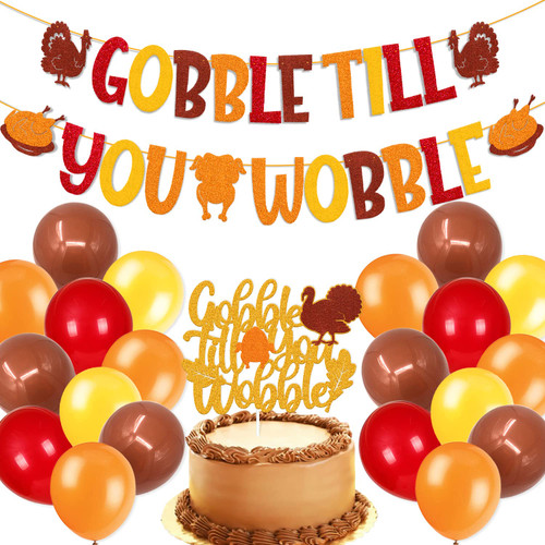 Gobble Till You Wobble Decorations Thanksgiving Banner Turkey Cake Topper for Autumn Harvest Fall Thanksgiving Day Theme Party Glitter Golden Decorations