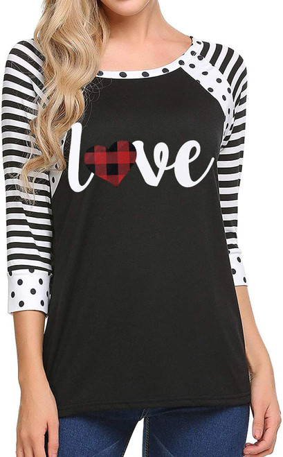 Love Shirt Baseball T Shirt for Women Valentine's Day Plaid Love Heart Graphic Tee 3/4 Sleeve Raglan Tops