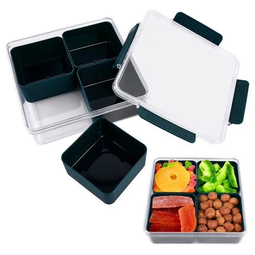 Divided Veggie Tray with Lid,Sealed Sectioned Fruit Snack Serving Platter 4 Compartment SquareFood Storage Lunch Organizer, for Vegetarian Candy Snack Party Appetizer Tray