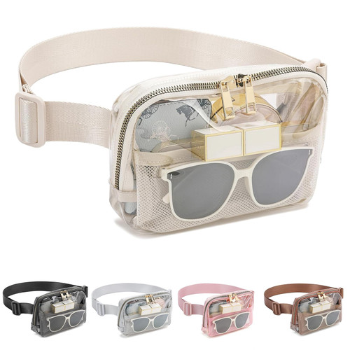 Clear Belt Bag Clear Fanny Pack Stadium Approved for Women Men with Adjustable Strap Clear Crossbody Bag Waist Bag for Concerts Sports Travelling Hiking Running(beige)