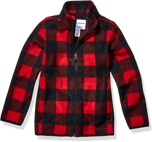 Amazon Essentials Toddler Boys' Polar Fleece Full-Zip Mock Jacket, Black Red Buffalo Check, 3T