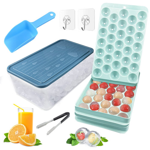 Round Ice Cube Tray with Lid & Bin, Mini Circle Ice Ball Maker Mold for Freezer Easy Release,66x1.0in Sphere Ice Trays for Chilling Cocktail Coffee Tea Whiskey (2 Trays 1 Ice Bucket & Scoop) (Blue)