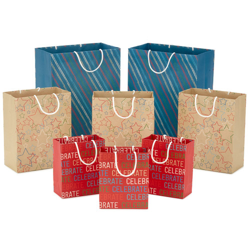 Hallmark Recyclable Gift Bag Assortment (8 Bags: 3 Small 6", 3 Medium 9", 2 Large 13") Celebrate, Stars, Stripes, Red, Blue, Kraft Brown for Birthdays, Graduations, Father's Day Hallmark Recyclable Gift Bag Assortment (8 Bags: 3 Small 6", 3 Medium 9", 2 Large 13") Celebrate, Stars, Stripes, Red, Blue, Kraft Brown for Birthdays, Graduations, Father's Day