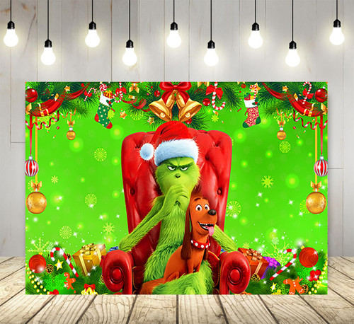 Green Christmas Backdrop for Christmas Party Supplies 5x3ft Grinch and Dog Photo Background Merry Christmas Photography Backdrop Grinchmas Banner