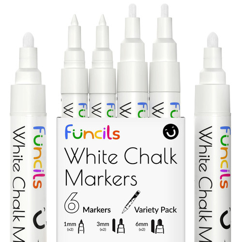 Funcils 6 White Chalk Markers for Chalkboard - White Liquid Chalk Markers, Chalkboard Markers Erasable, Pack of 6 - (2x) 1mm Extra Fine, 3mm Fine Tip Chalk Pens & 6mm Bold, White Dry Erase Markers