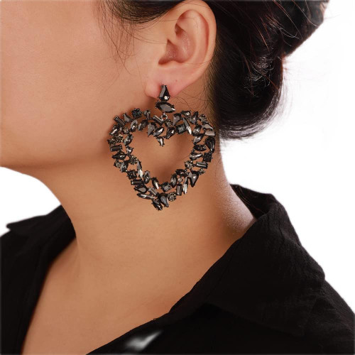 Denifery Large Heart Rhinestone Dangle Earrings Crystal Statement Earrings Brides Love Heart Stud Earrings Fashion Earrings Jewelry for Women and Girls (Black)