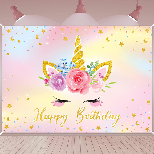 Newwiee 7x5ft Rainbow Unicorn Backdrop for Girls Birthday Unicorn Birthday Backdrop Banner Watercolor Floral Happy Birthday Wall Decorations Supplies Photography Backdrop Background Photo Studio Props